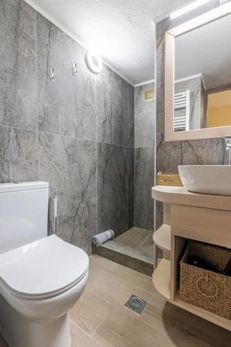 a bathroom with a toilet and a sink and a shower at Rizes House in Zarós