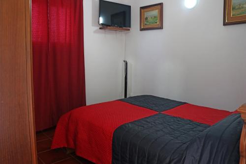 a bedroom with a bed with a red blanket and a tv at Casa do Monte 2 in Castro Daire
