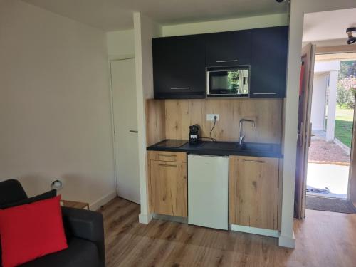 une cuisine avec un évier et un micro-ondes dans l'établissement Fiori Di Cala Rossa Très beau studio, 2 adultes 1 enfant moins de 3 ans, au sein d'une résidence hôtelière avec piscine et plage Cala Rossa à 600m, à Lecci