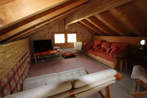 a living room with a couch and a tv in a attic at Le Gros Pâquier in La Lécherette