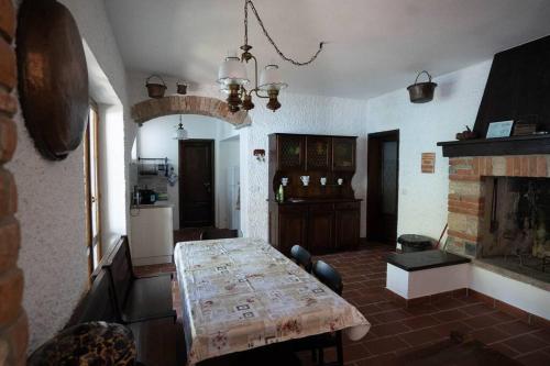 a living room with a table and a fireplace at Secluded Cottage front Lake with BOAT in Valsolda