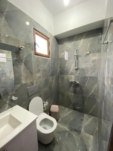 a bathroom with a toilet and a shower and a sink at Green Garden Villa in Ksamil