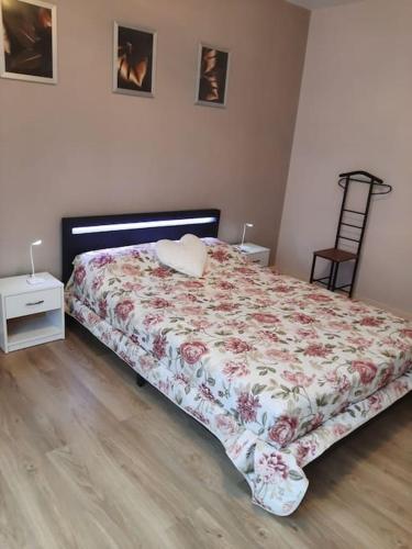 a bedroom with a bed with a floral comforter at Appartement bord de Saône in Gray