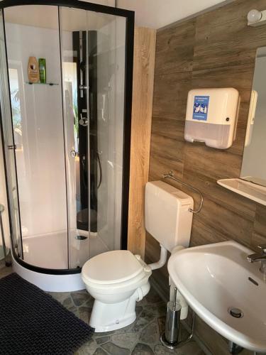 萨尔斯塔特Apartment mit eine große Terasse Nähe Hannover-Messe的浴室里有马桶、淋浴和洗手池。