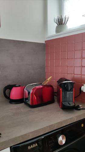 deux grille-pain assis sur un comptoir dans une cuisine dans l'établissement Maison spacieuse de 2 à 8 personnes, à Vaumas