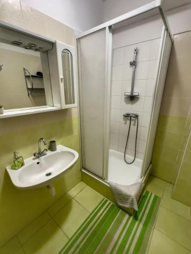 a bathroom with a sink and a shower at Corso Apartman Hajdúszoboszló in Hajdúszoboszló