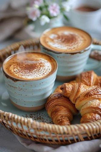 deux tasses de café et des croissants sur une table dans l'établissement La lande sèche, à Lainsecq