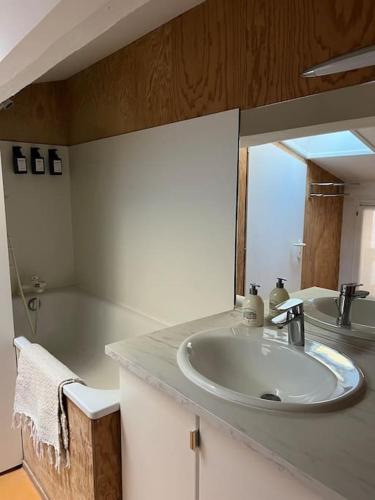 une salle de bain avec un lavabo, un miroir et une baignoire dans l'établissement Lovely cosy flat, à Bordeaux