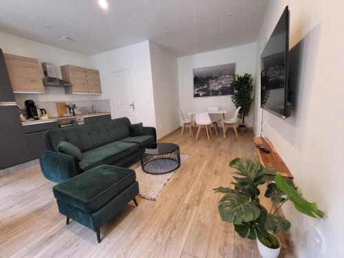 un salon avec un canapé vert et une table dans l'établissement Magnifique et confortable appartement hyper centre, à Saint-Étienne