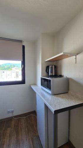 a kitchen with a counter top with a microwave at Kamus in Baden-Baden