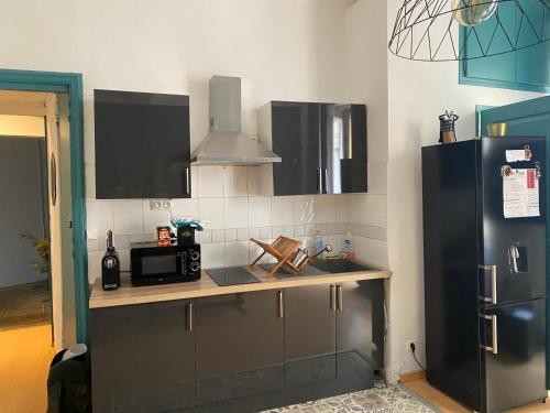 La cuisine est équipée d'un four micro-ondes et d'un réfrigérateur. dans l'établissement Appartement 2 pièces haussmannien, à Narbonne