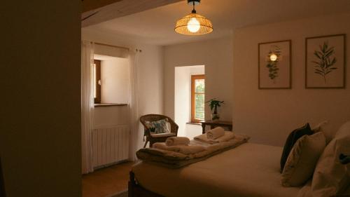 una camera da letto con un letto, una sedia e una finestra di Maison les Bleuets - Hot tub a Magny-Lambert