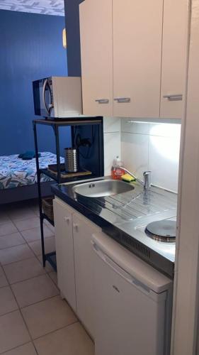 une petite cuisine avec un évier et un lit dans l'établissement Studio cocooning_Centre-ville_Gare_CHU, à Reims
