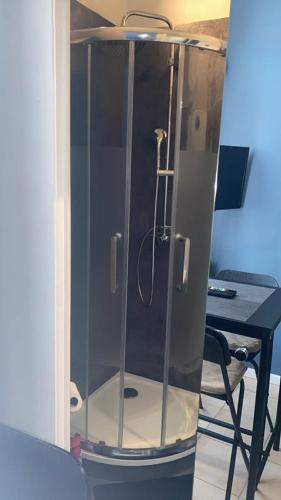 une douche avec une enceinte en verre à côté d'une table dans l'établissement Studio cocooning_Centre-ville_Gare_CHU, à Reims