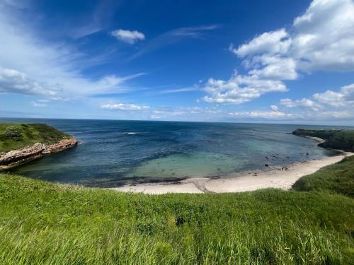 an aerial view of a beach and the ocean at Berwick Holiday Park Haven in Berwick-Upon-Tweed
