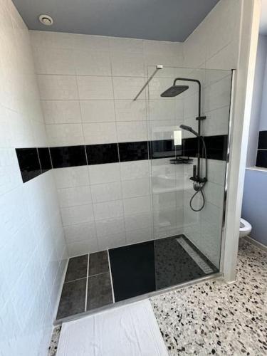 une douche avec une porte vitrée dans une salle de bain dans l'établissement Villa mon Rêve, à Allez-et-Cazeneuve