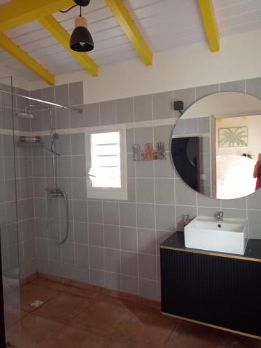 a bathroom with a sink and a mirror at La Mare à Cuja in Sainte-Rose