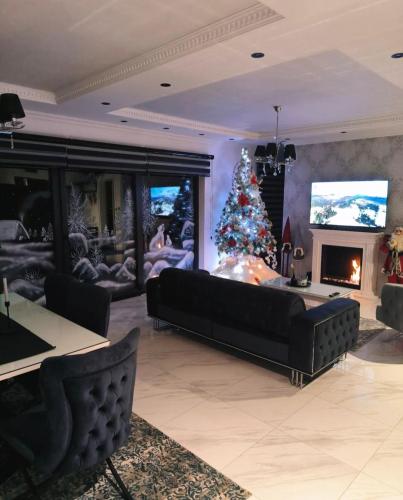 a living room with a christmas tree and a couch at Vila Grof in Vinča