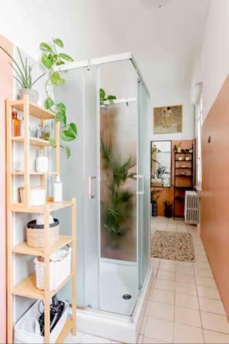 a bathroom with a shower with plants in it at Bed&Bra in Bra
