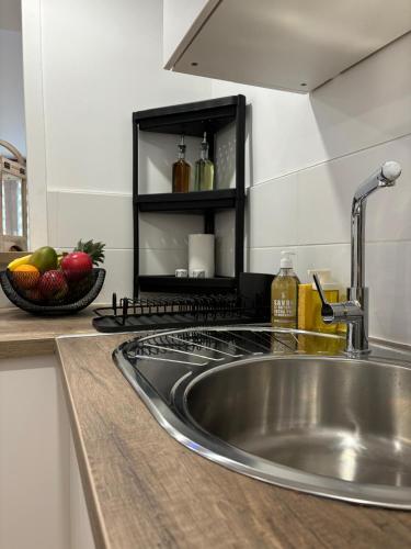 un comptoir de cuisine avec un évier et un bol de fruits dans l'établissement Rhein Stopover - Appartement 2 Personnes, à Huningue