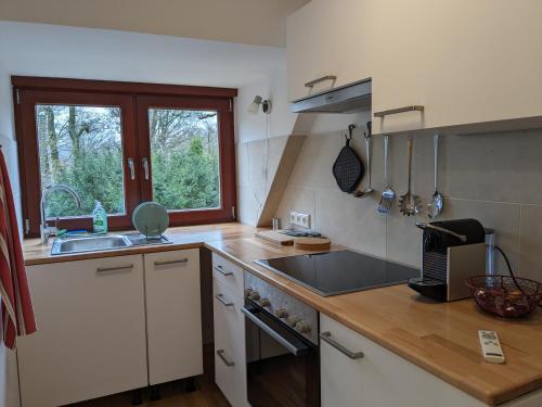 a kitchen with a sink and a stove at Urlaub zwischen Natur und Kunst in Worpswede
