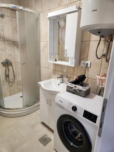 a bathroom with a washing machine and a sink at Apartment Tamara in Tivat