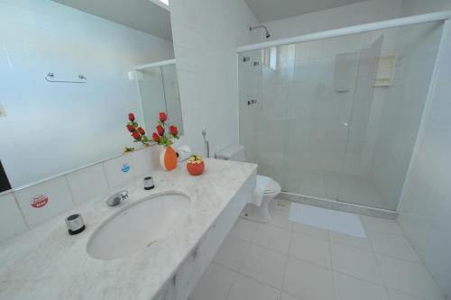 
a bathroom with a sink, mirror, and toilet at Rede Andrade Plaza Salvador in Salvador
