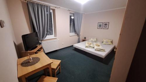 a room with two beds and a television in it at Vila Tatranka in Stará Lesná