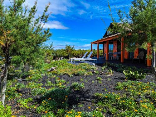 a house with a garden with flowers in front of it at Casa Baleia Laranja Ocean-Front in Madalena