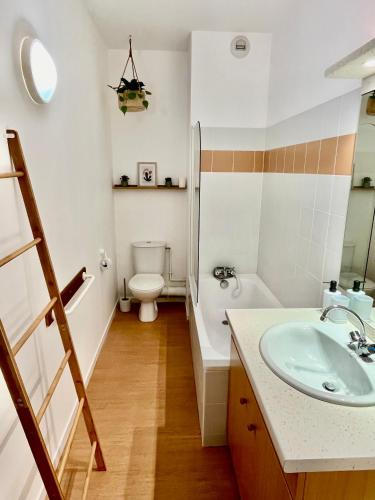 une salle de bain avec un lavabo et des toilettes dans l'établissement Le Valier, T2 résidence Grand Hôtel - Appt 308 - Aulus-les-bains, à Aulus-les-Bains