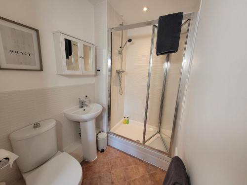 a bathroom with a shower and a toilet and a sink at Catchpole Stays Abbey Field Apartment- A lovely 2 bed apartment with field views near Colchester town centre in Colchester