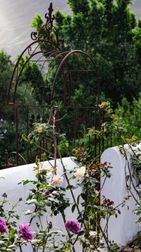 a metal bird cage sitting next to some flowers at The Hamlet in Swellendam
