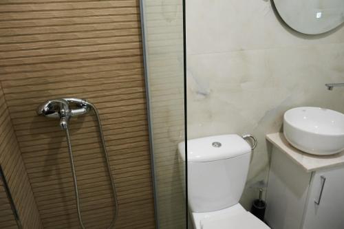 a bathroom with a toilet and a glass shower door at Apartman Lili in Ohrid