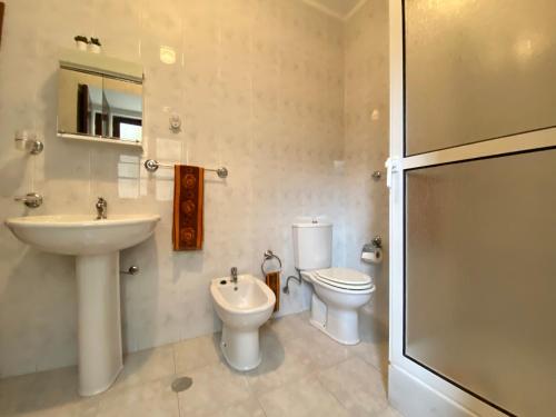ein Badezimmer mit Waschbecken, Toilette und Dusche in der Unterkunft Casa dos Capitães Mores - Vila Flor in Vila Flor