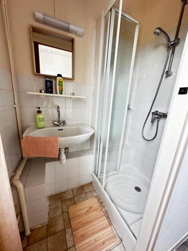 une salle de bain avec douche et lavabo dans l'établissement Appartement 10 personnes à Paray le Monial, proche centre ville, à Paray-le-Monial