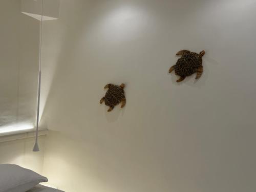 two stuffed animals are sitting on a white wall at White Sand Jacuzzi Suite in Ios Chora