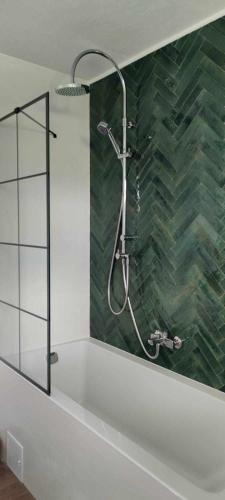 a bath tub with a shower in a bathroom at Kavicsház in Vlăhiţa