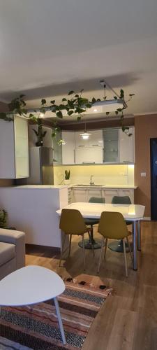 a room with a table and chairs and a kitchen at LA Comfy AP in Sarandë