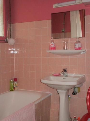 La salle de bains rose est pourvue d'un lavabo et d'une baignoire. dans l'établissement Tilly's B&B and apartment house, au Hohwald