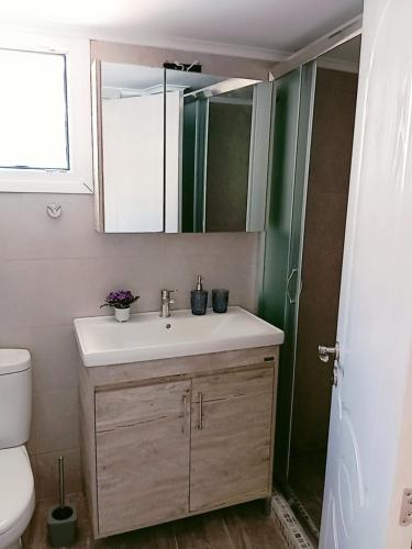 a bathroom with a sink and a mirror at Kavala Penthouse in Kavala