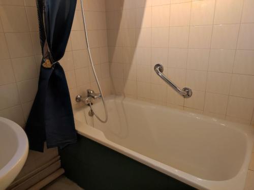 a bathroom with a bath tub with a shower curtain at T2 Coeur d' Argelès-Gazost, tout à pied in Argelès-Gazost