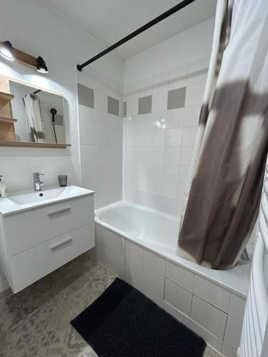 une salle de bain avec une baignoire, un lavabo et une douche dans l'établissement Le Green Pont Jumeaux - T2 - Parking - Vue Canal, à Toulouse