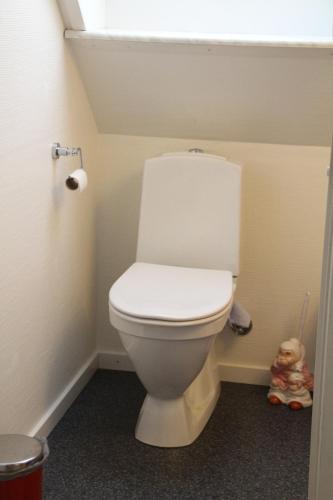 a bathroom with a white toilet in a room at Hytten in Frøstrup