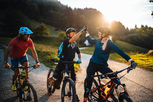three people on bikes giving each other a high five at Ferienwohnungen Theresienhof in Ledenitzen