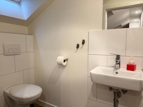 a white bathroom with a toilet and a sink at Ankerplatz in Tönning