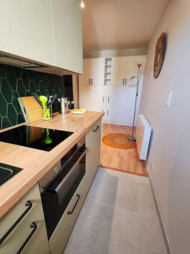 une cuisine avec un évier et une cuisinière four supérieur dans l'établissement Grand studio face mer, à Saint-Georges-de-Didonne