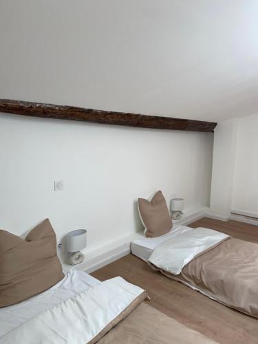 deux lits dans une chambre aux murs blancs dans l'établissement Duplex raffiné, élégant & climatisé - La MEZZ, à Nîmes