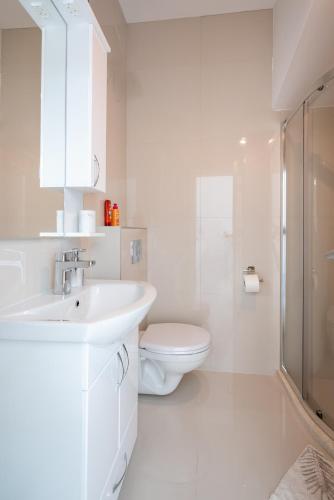 a white bathroom with a toilet and a sink at The Golden Luxury Apartments in Kotor