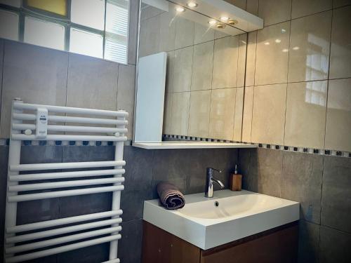 une salle de bain avec un lavabo et un miroir dans l'établissement Parisian Lounge 8 pers Front station, à Villemomble