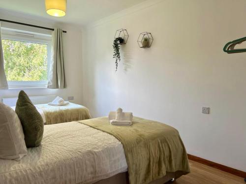 a bedroom with two beds and a window at Stylish apartment in The City Centre in Kingsthorpe